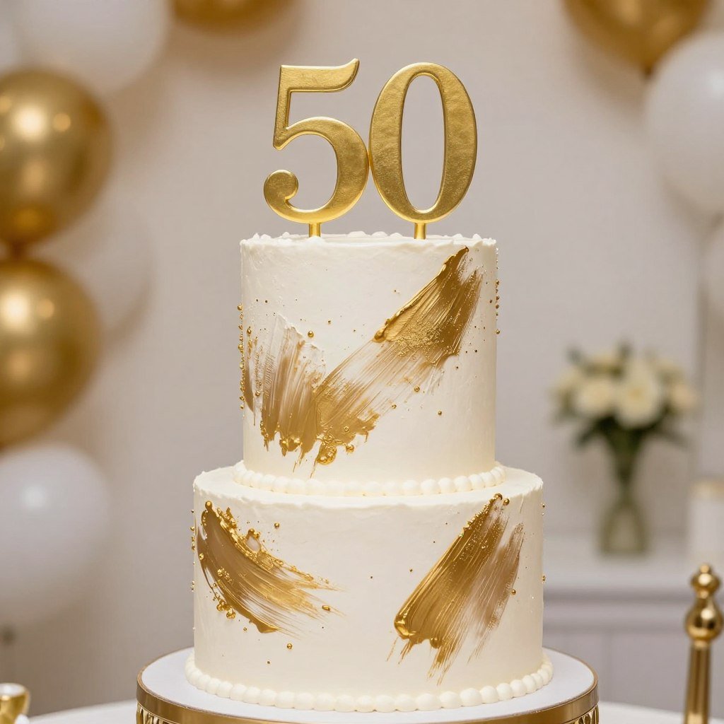 gold painted details on elegant white cake