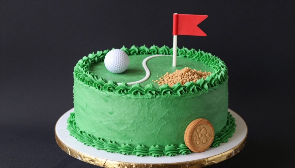 golf-themed birthday cake with green grass frosting and golf details golf-themed birthday cake with green grass frosting and golf details