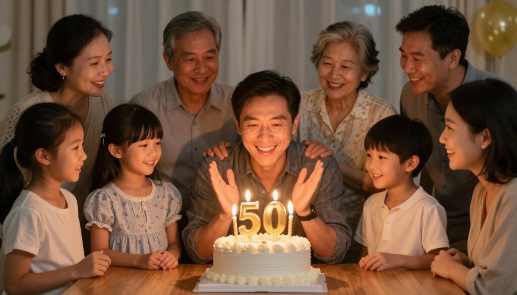 happy 50th birthday celebration with family and cake