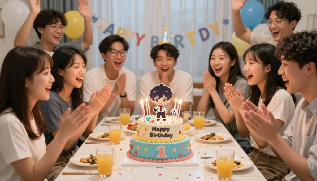 happy birthday celebration with anime cake surrounded by excited guests happy birthday celebration with anime cake surrounded by excited guests