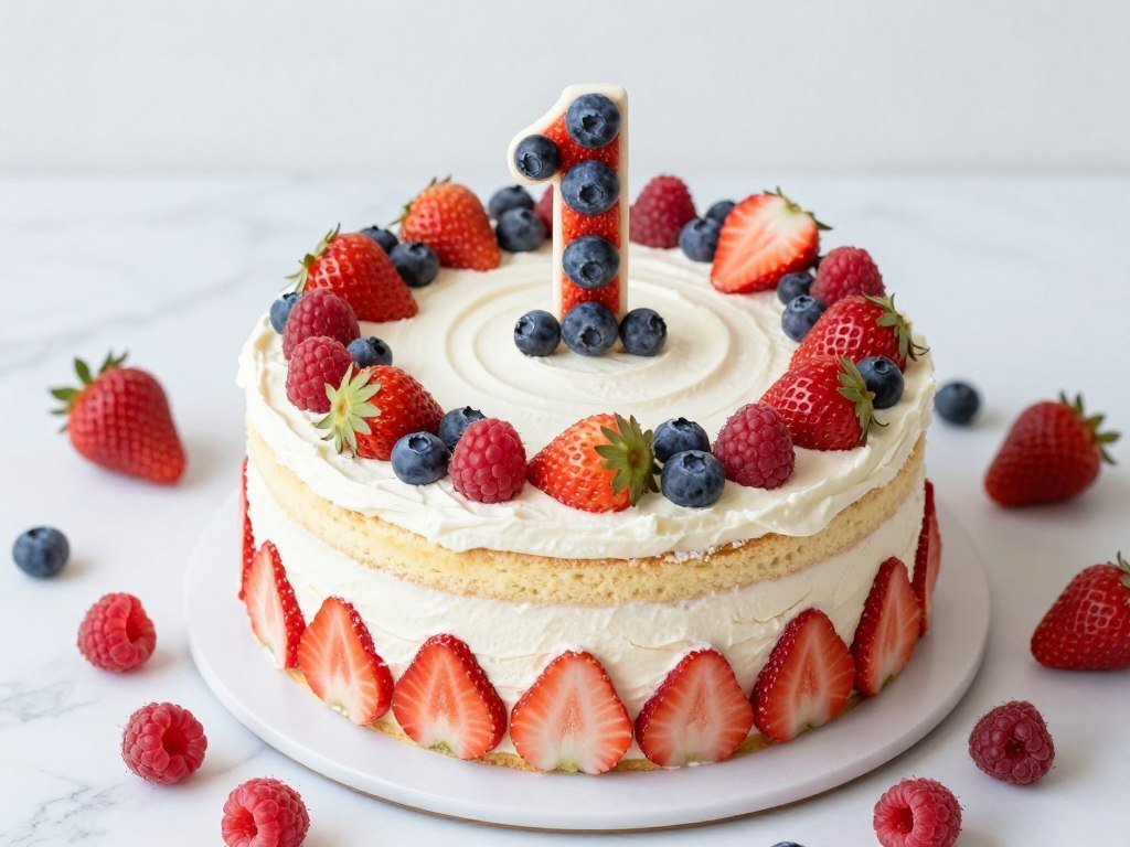 healthy first birthday cake decorated with fresh berries and fruit