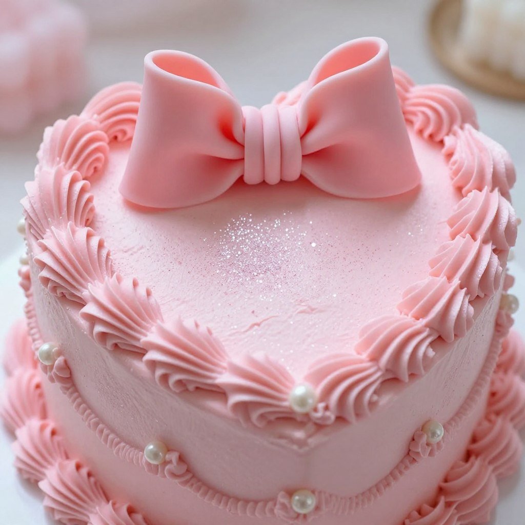 heart cake with coquette pink frosting and edible glitter accents