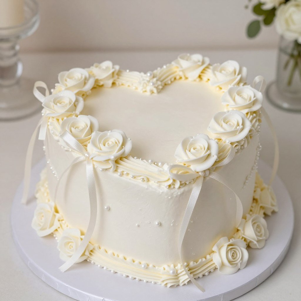 heart-shaped white coquette birthday cake with romantic decorations heart-shaped white coquette birthday cake with romantic decorations