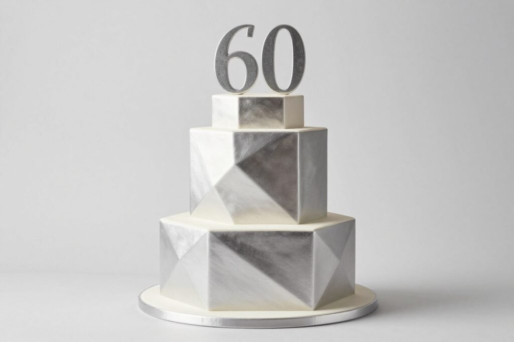 hexagonal tiered cake with modern metallic details