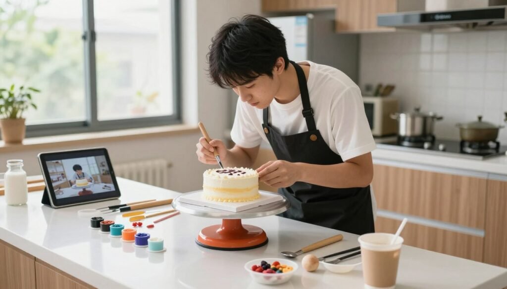 home baker creating anime birthday cake in home kitchen workspace home baker creating anime birthday cake in home kitchen workspace