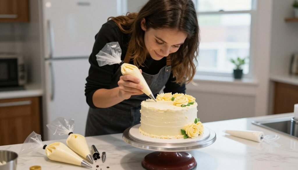 home baker creating floral birthday cake