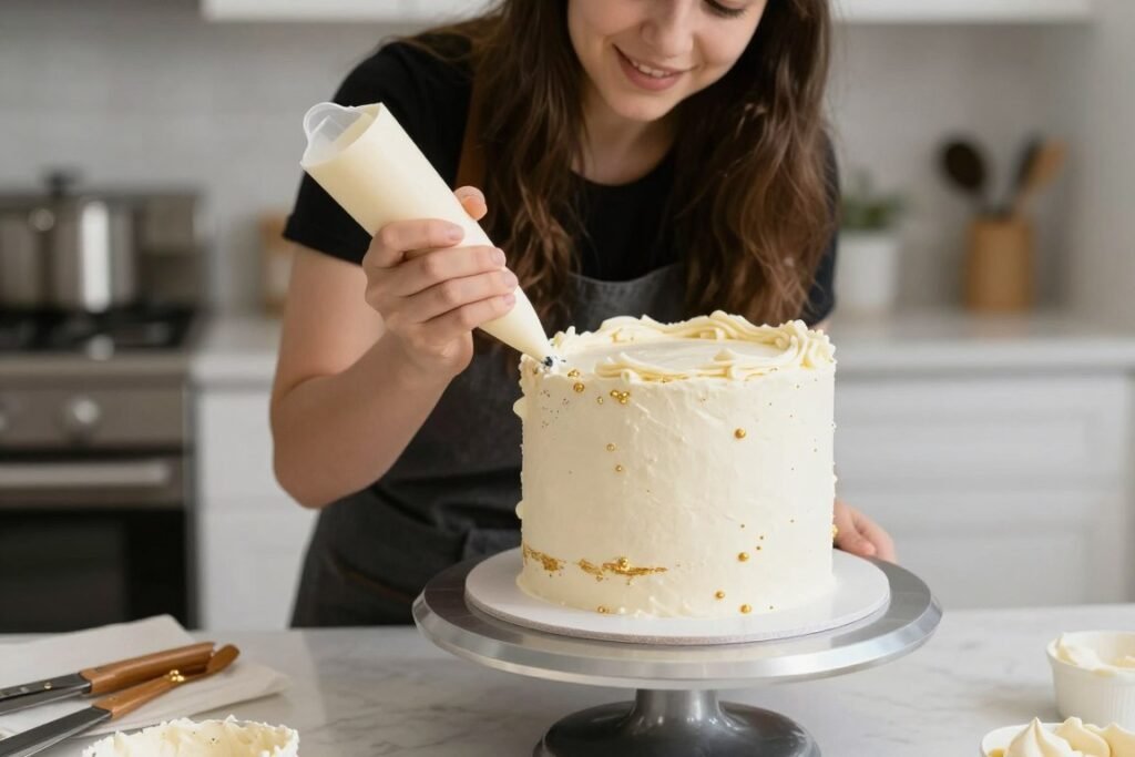 home baker decorating elegant cake