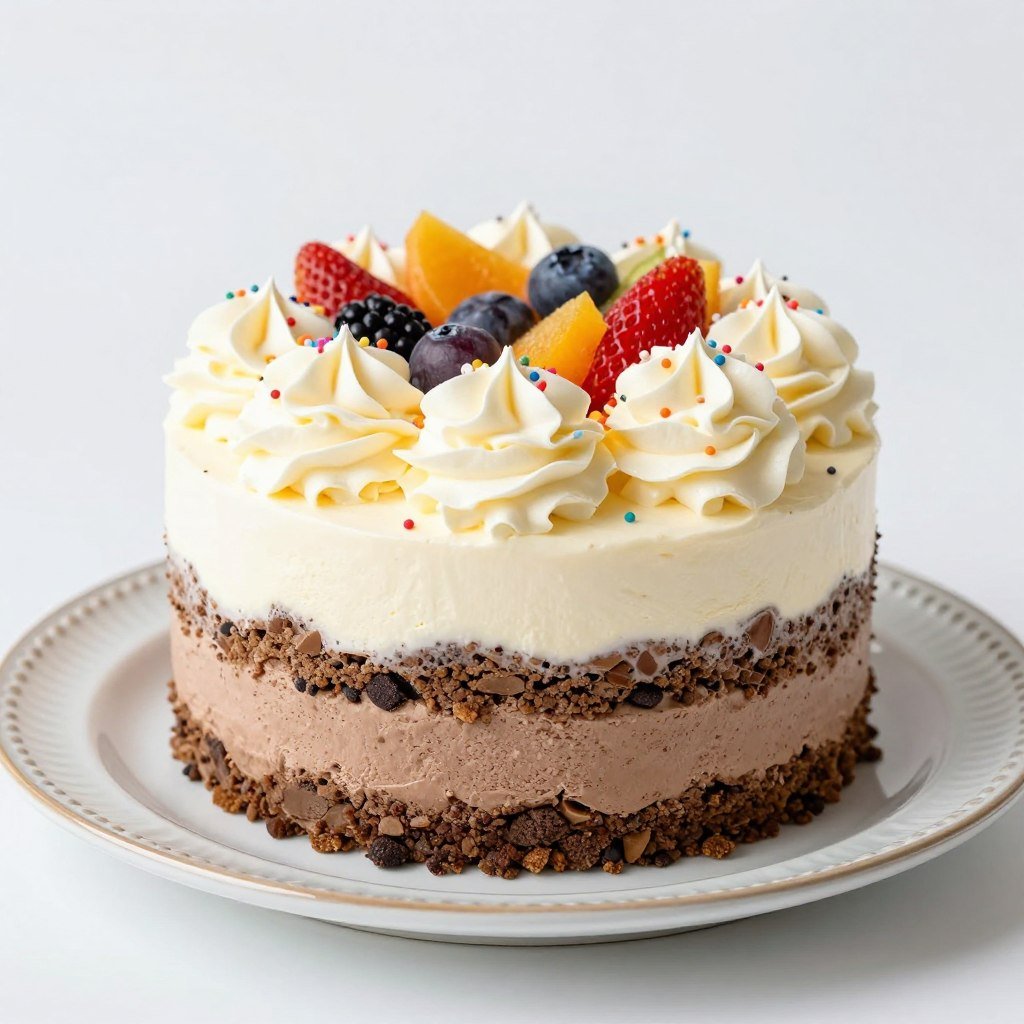 ice cream cake with colorful layers and birthday decorations ice cream cake with colorful layers and birthday decorations