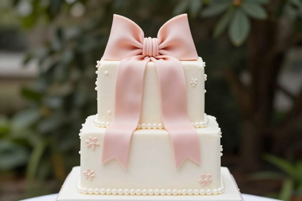 ivory cake with blush bow