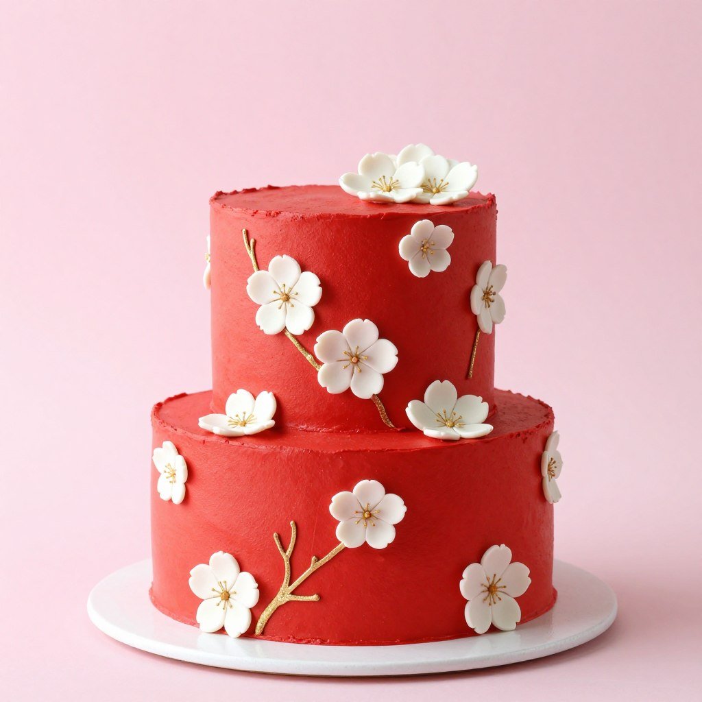 korean red aesthetic cake design with cherry blossom accents