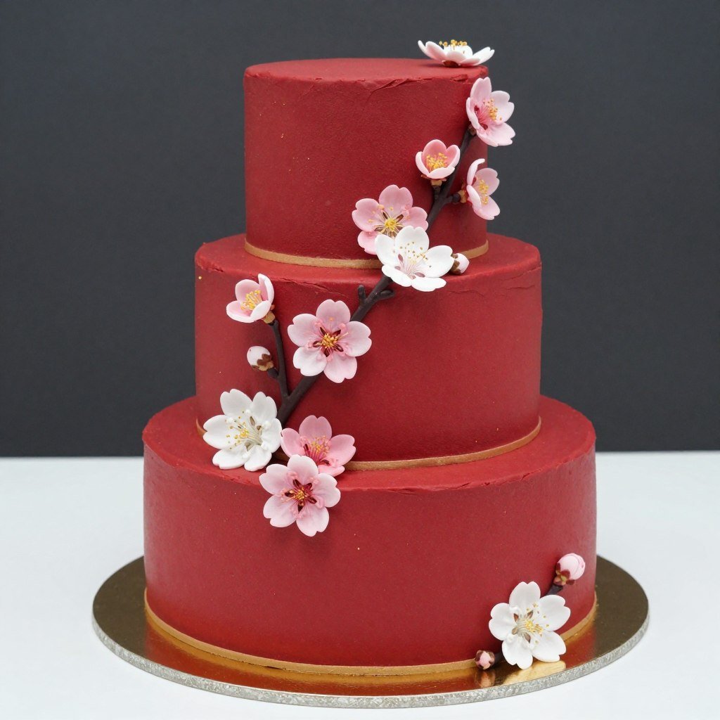 korean red aesthetic cake with cherry blossom branch decoration