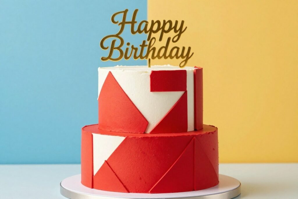 korean red birthday cake with modern geometric design