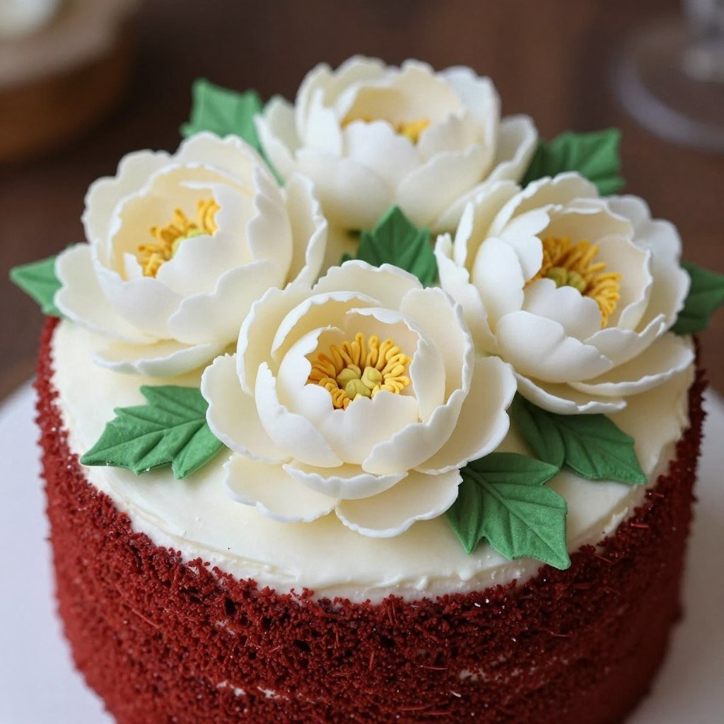 korean red cake with handmade sugar peony flowers