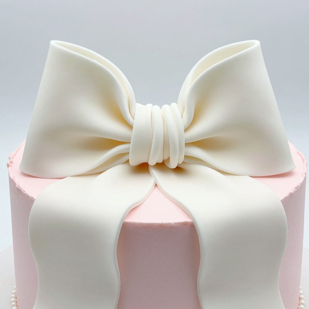 large fondant bow on pink cake