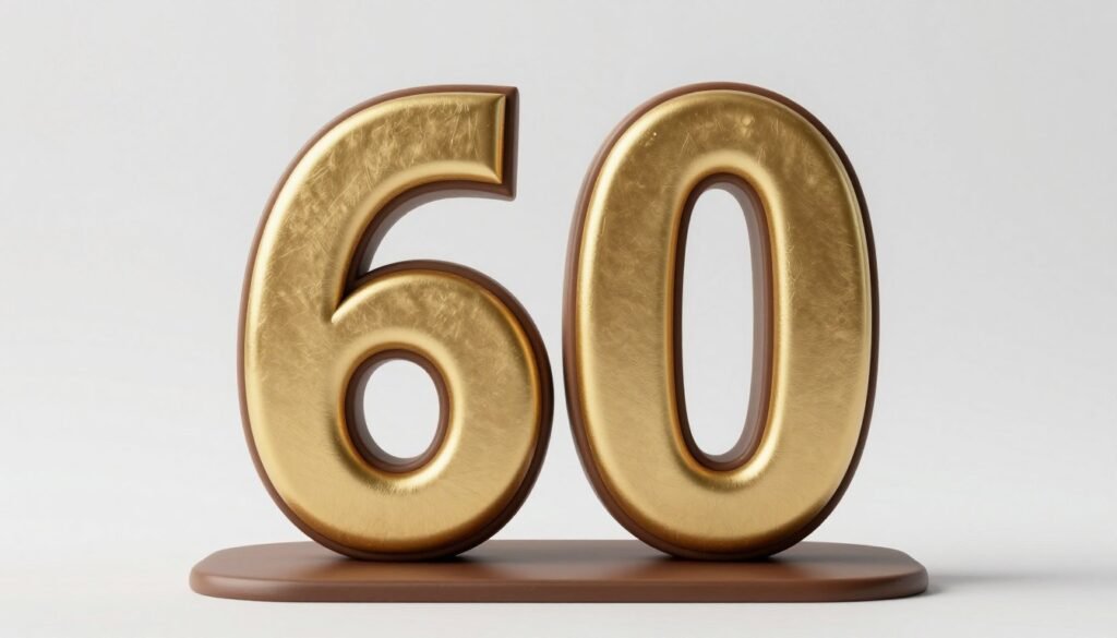 large number 60 shaped birthday cake in gold and chocolate