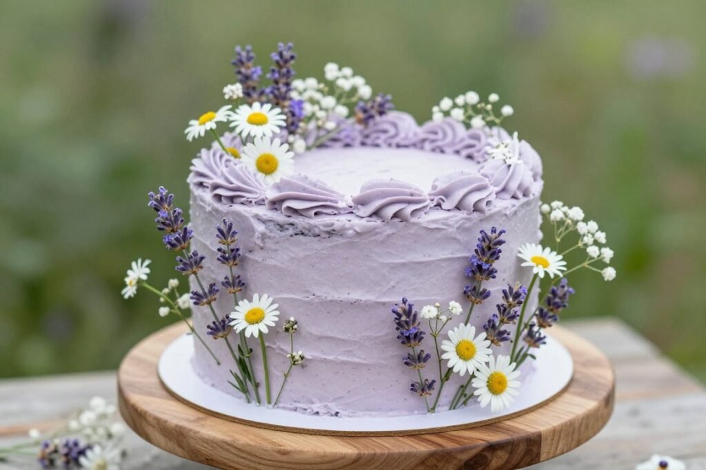 lavender and white floral 30th birthday cake with wildflowers