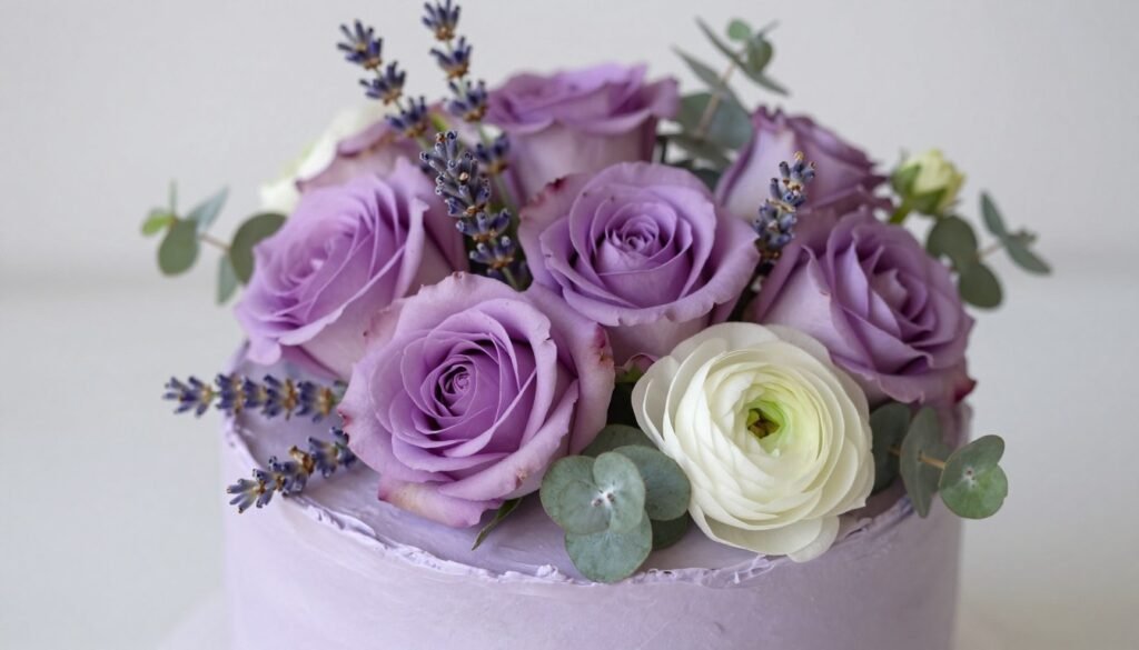 lavender cake decorated with purple flowers and greenery