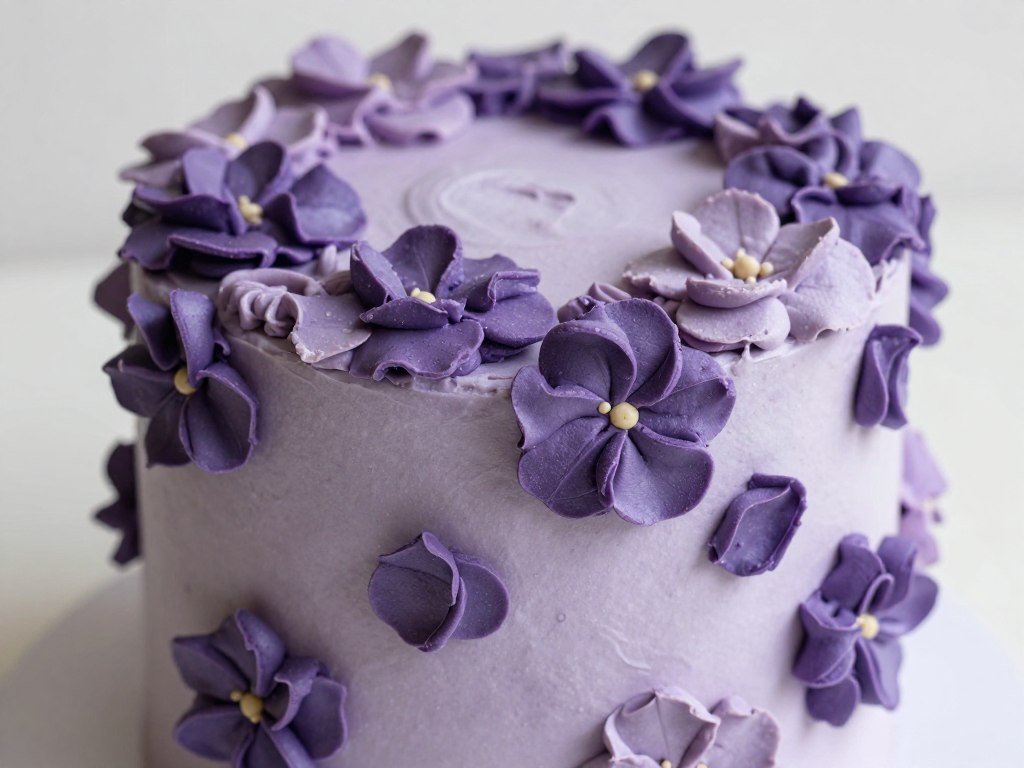 lavender cake with buttercream flower decorations