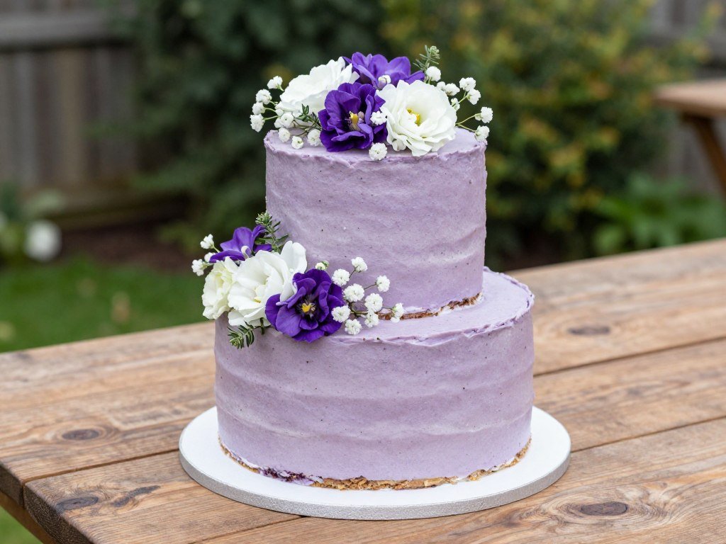 lavender purple birthday cake with fresh flowers