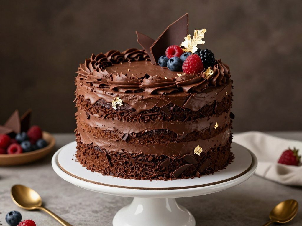 layered chocolate birthday cake with chocolate frosting and decorative toppings layered chocolate birthday cake with chocolate frosting and decorative toppings