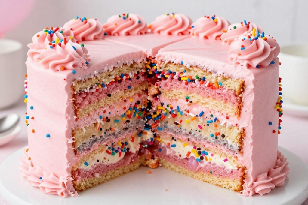 layered pink funfetti cake slice showing interior layered pink funfetti cake slice showing interior