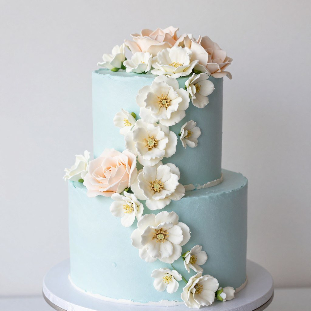 light blue cake with cascading flowers light blue cake with cascading flowers