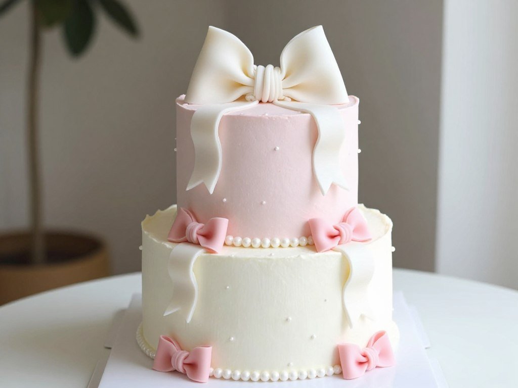 light pink and white bow cake