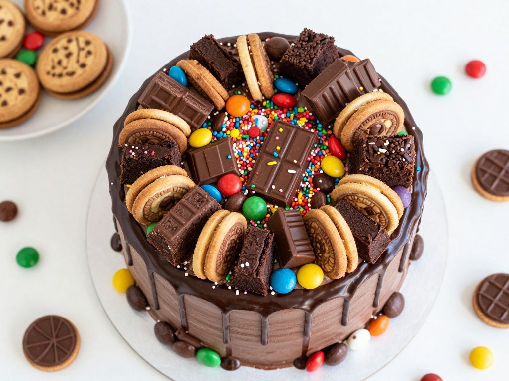 loaded chocolate birthday cake with candies and treats on top