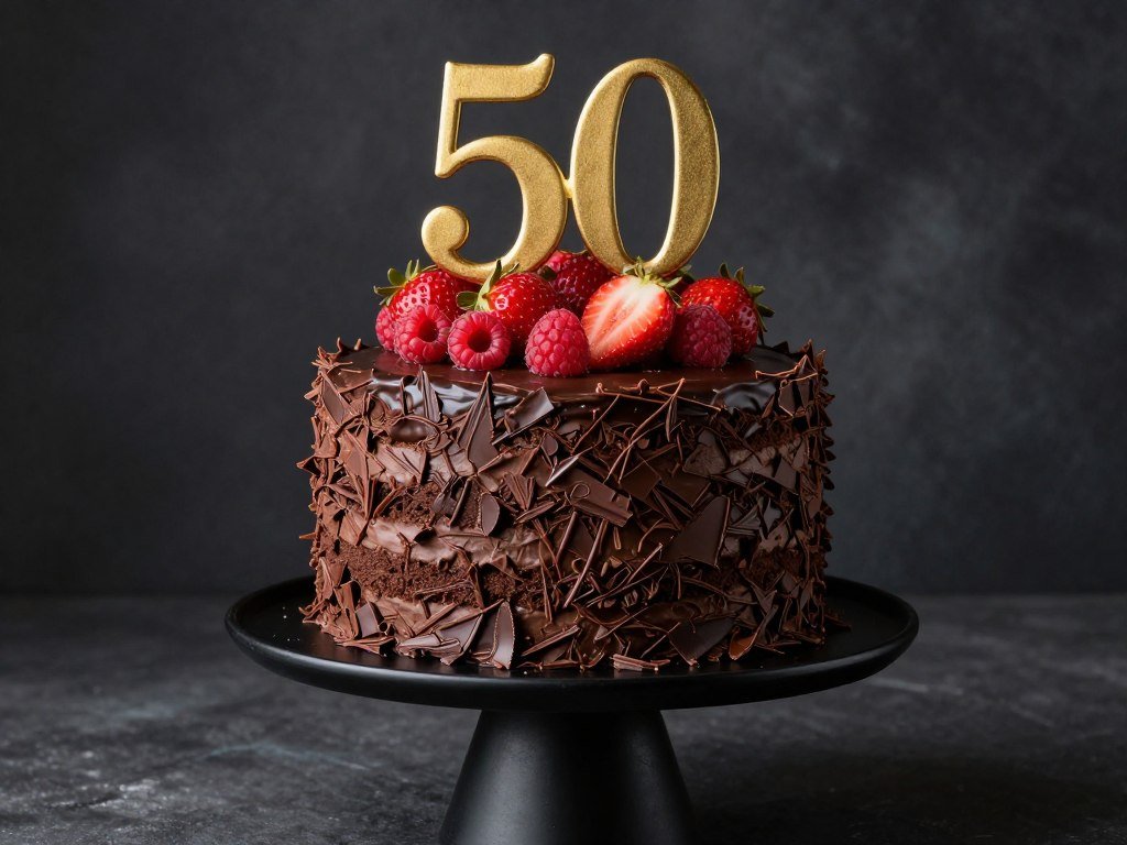 luxurious chocolate 50th birthday cake with chocolate shavings and berries