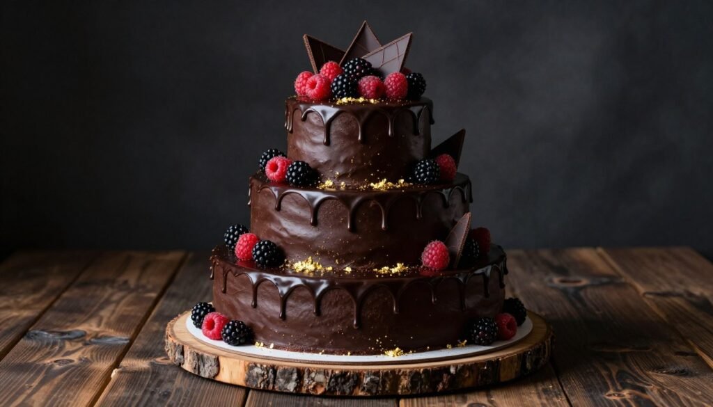 luxurious chocolate birthday cake with chocolate drip and berries