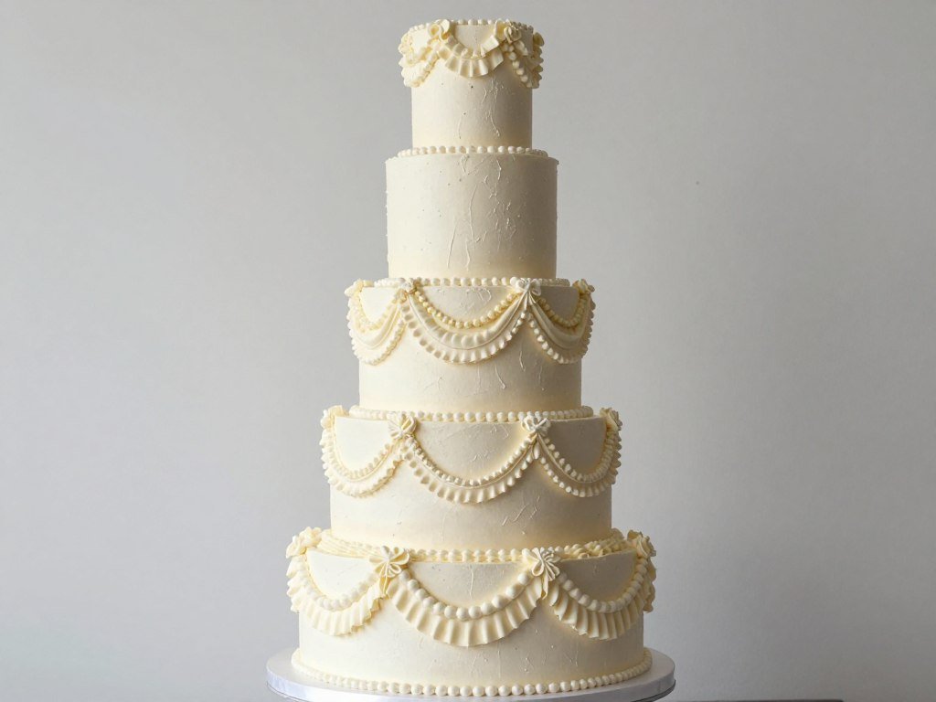 luxury five-tier birthday cake with mixed textures and designs