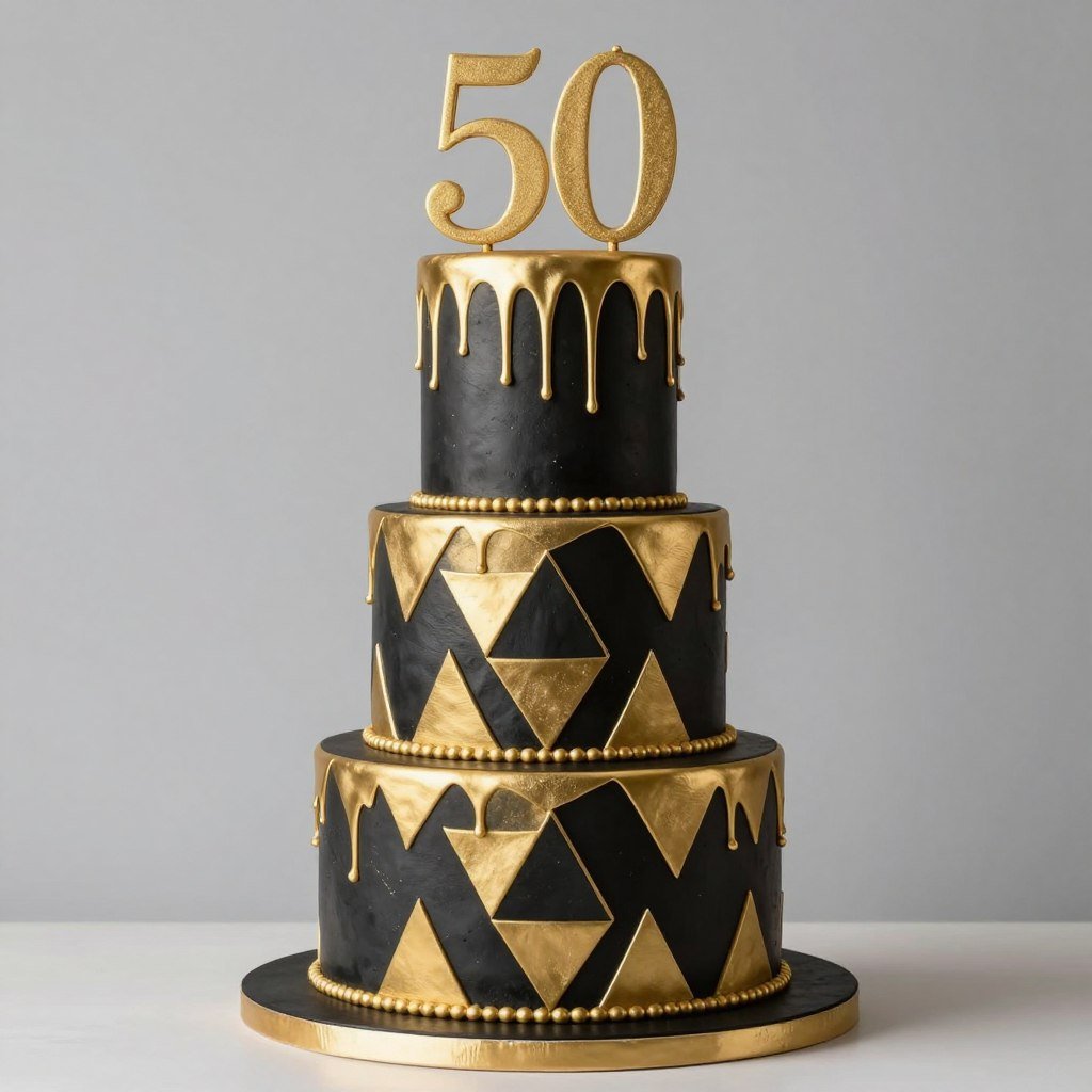luxury gold and black tiered 50th birthday cake