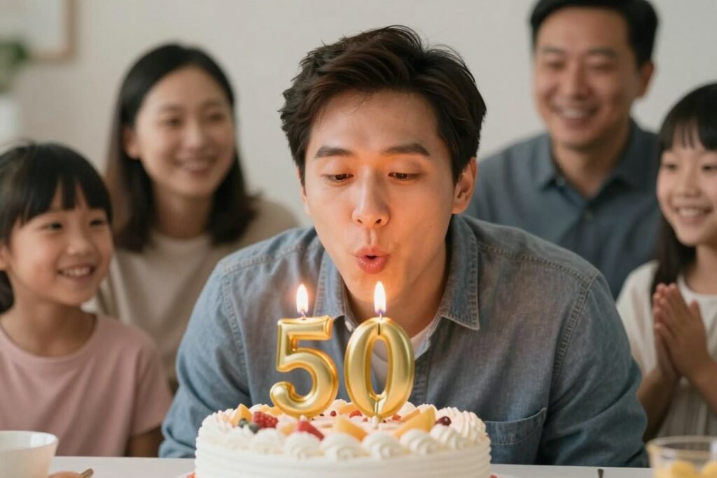man blowing out candles on 50th birthday cake