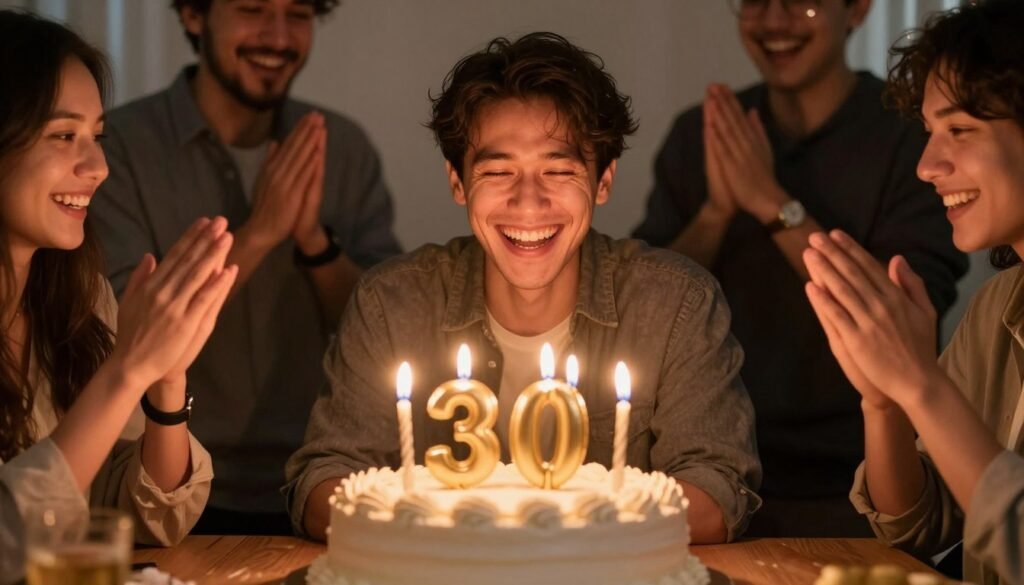 man celebrating with 30th birthday cake