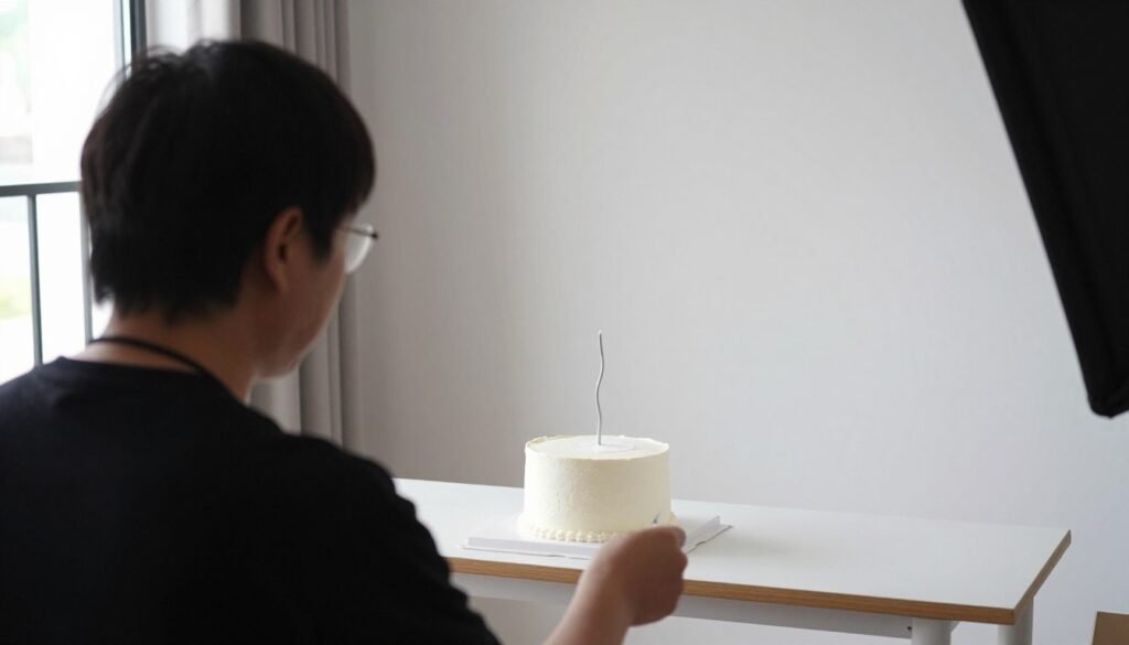 minimalist birthday cake photography setup with natural light