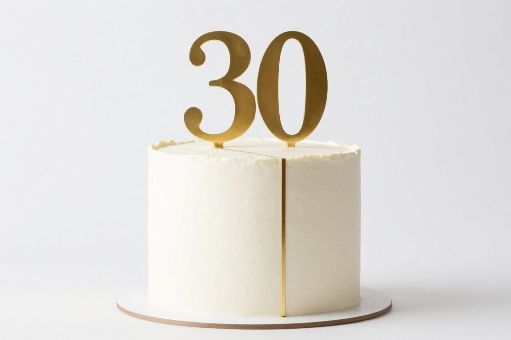minimalist white 30th birthday cake with geometric gold line detail