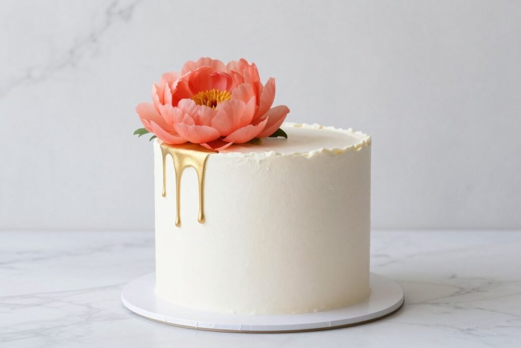 minimalist white birthday cake with single statement peony flower
