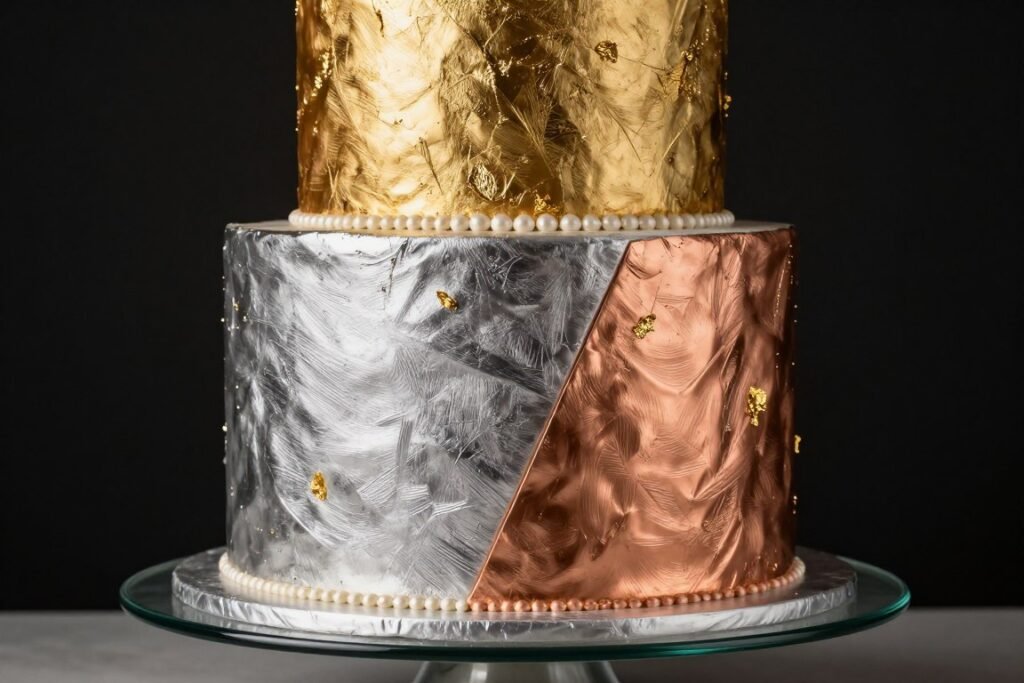 mixed metallic luxury birthday cake gold silver copper