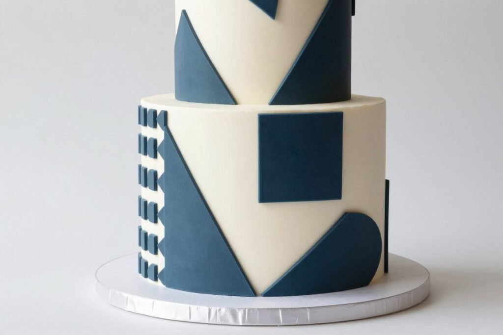 modern birthday cake with geometric decorations and contemporary elements
