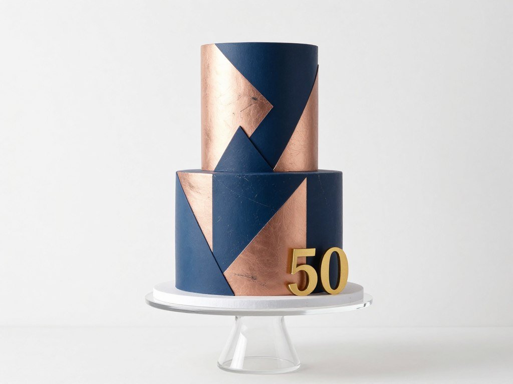 modern geometric 50th birthday cake with angular design and metallic accents