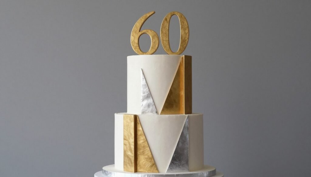 modern geometric birthday cake with angular design and metallic accents