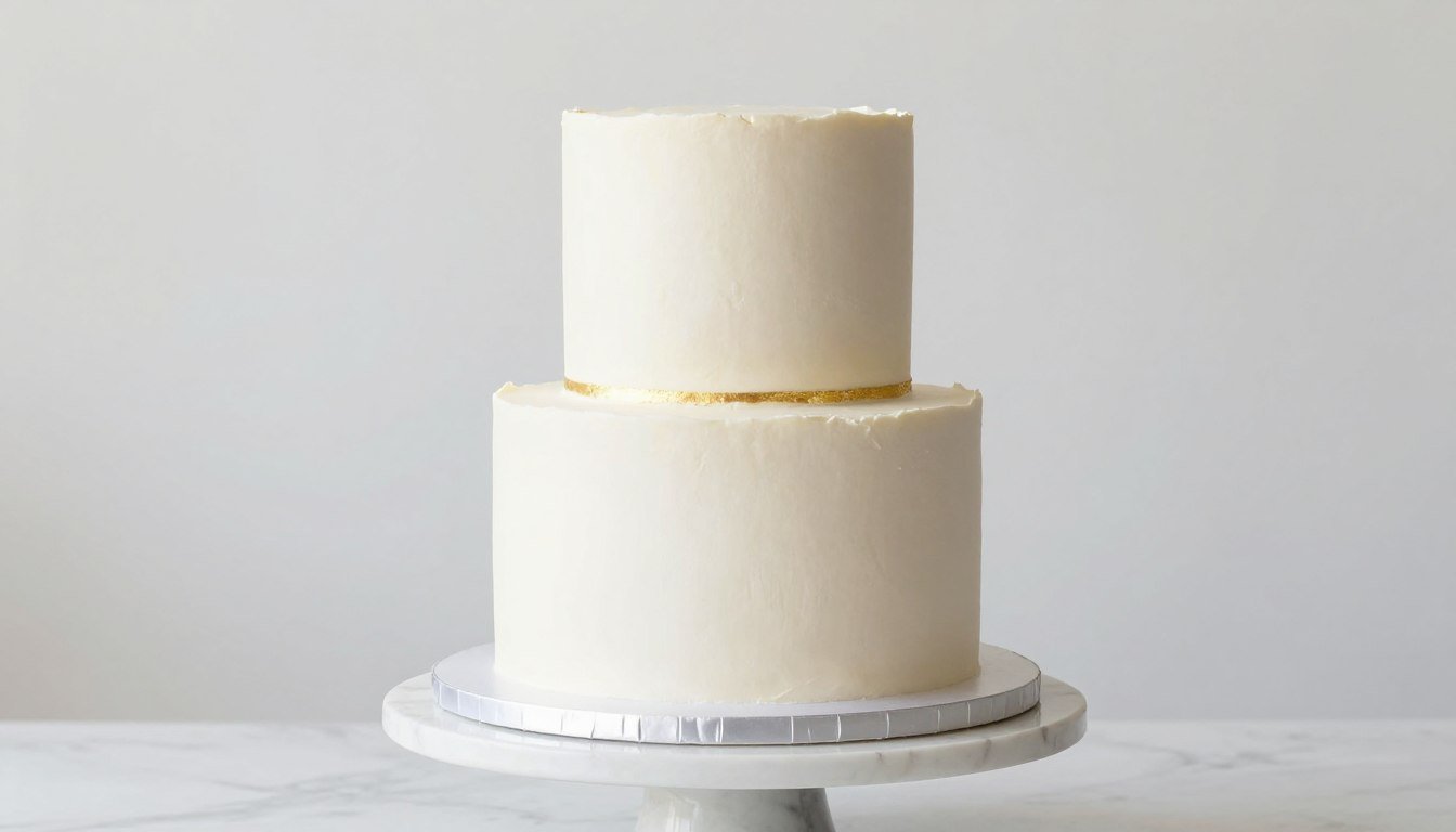 modern minimalist birthday cake with clean white frosting and single gold accent