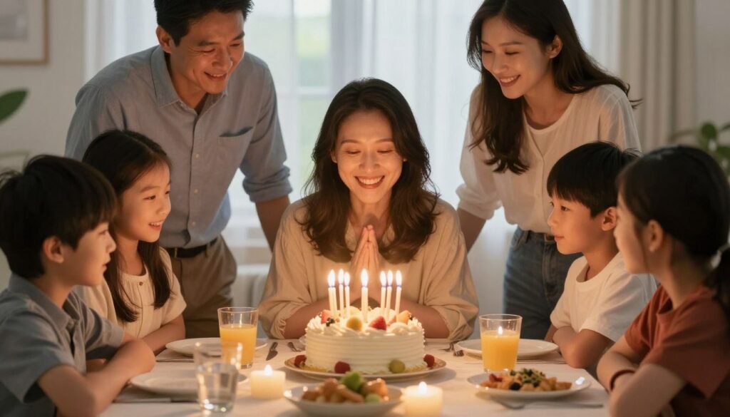 mother celebrating with beautiful birthday cake mother celebrating with beautiful birthday cake