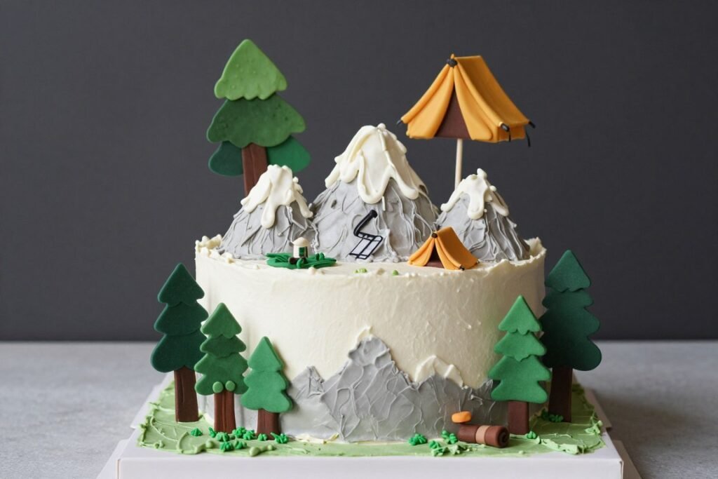 mountain-themed birthday cake with outdoor adventure elements mountain-themed birthday cake with outdoor adventure elements
