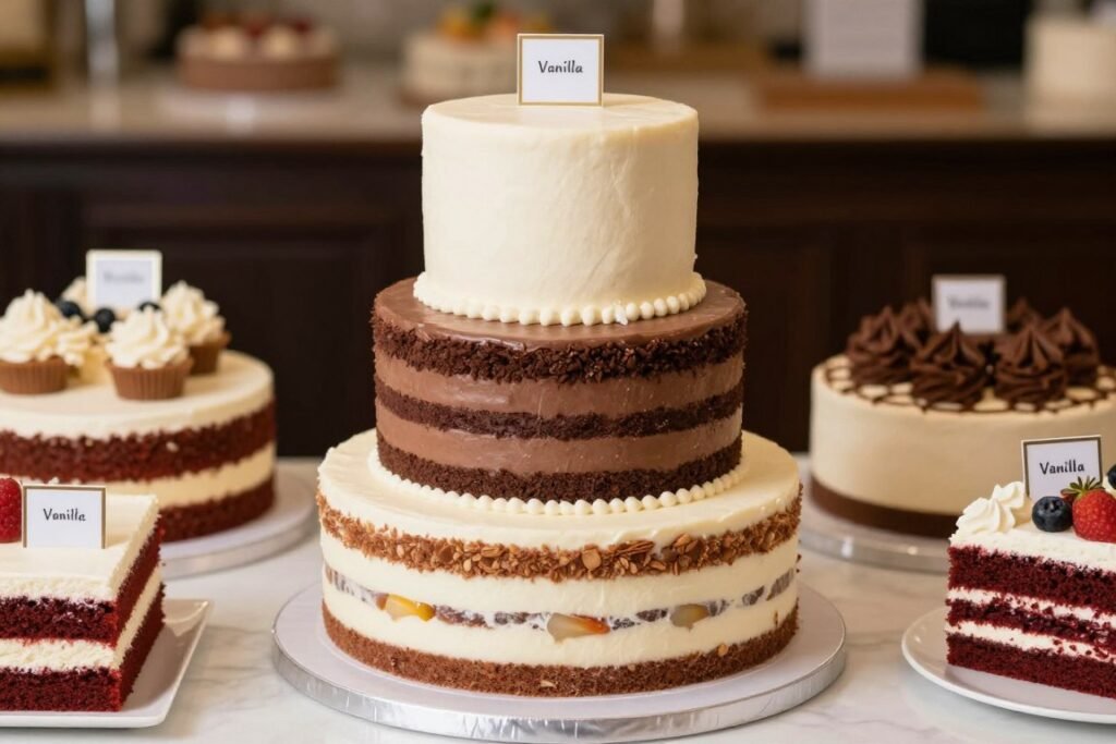 multi-flavor tier birthday cake with flavor labels