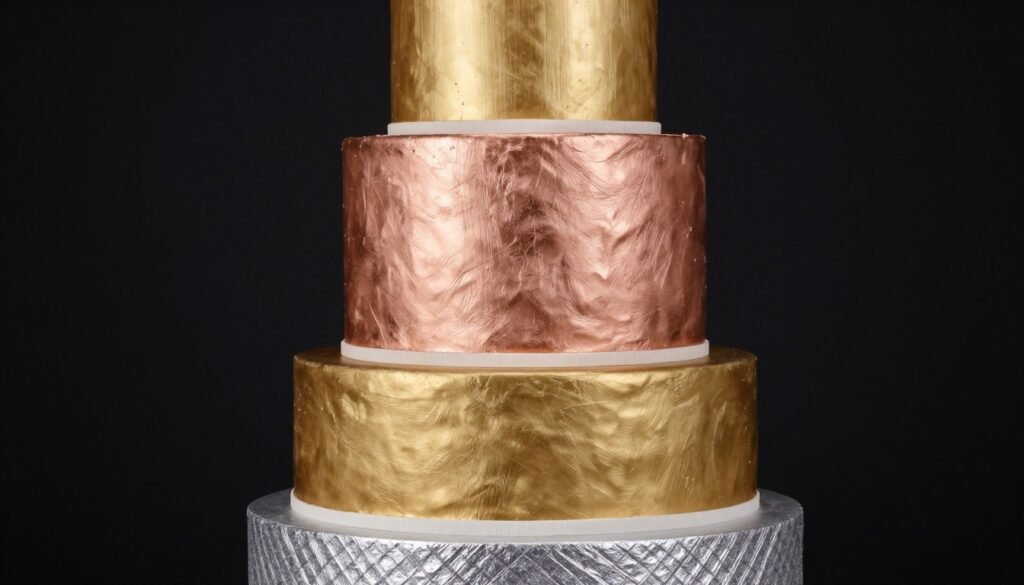 multi-tier birthday cake with mixed metallic finishes and textures