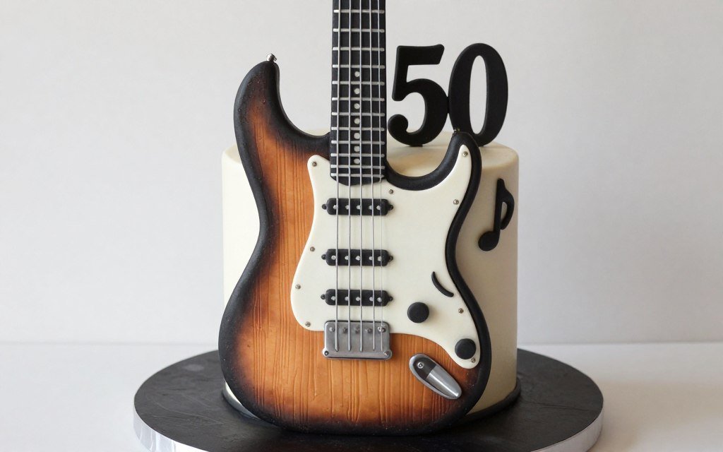 music themed 50th birthday cake with guitar design