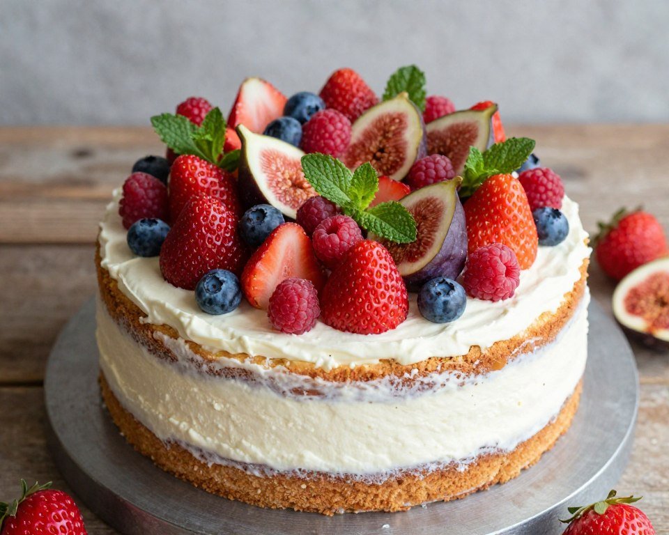 naked birthday cake decorated with fresh fruit abundant