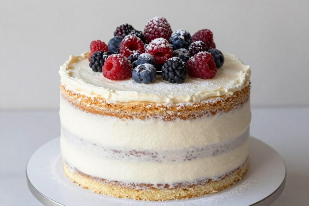 naked cake design for 30th birthday with minimal frosting and berries