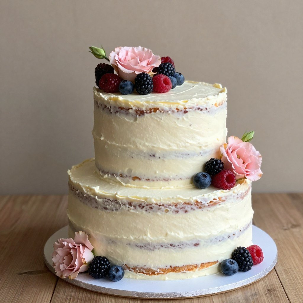 naked cake style with minimal frosting and fresh berries
